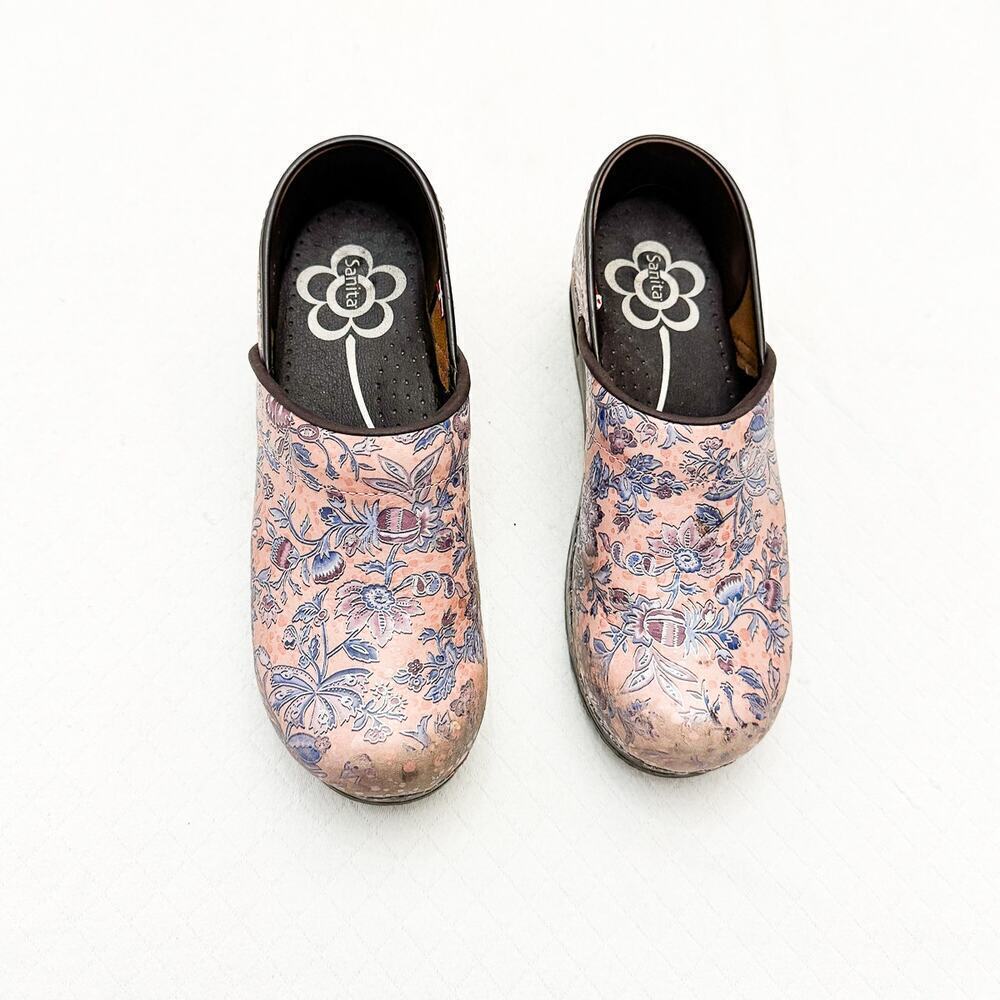 Sanita Printed Rose Pink Leather Professional Clogs Size 39
